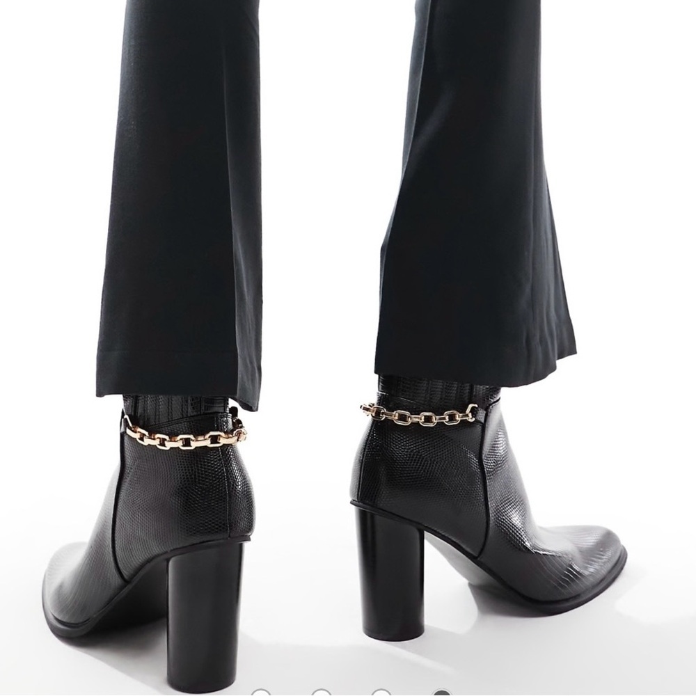 NWOB ASOS Heeled Chelsea Boots Black Faux Leather Chain Detail 8 Mid Calf